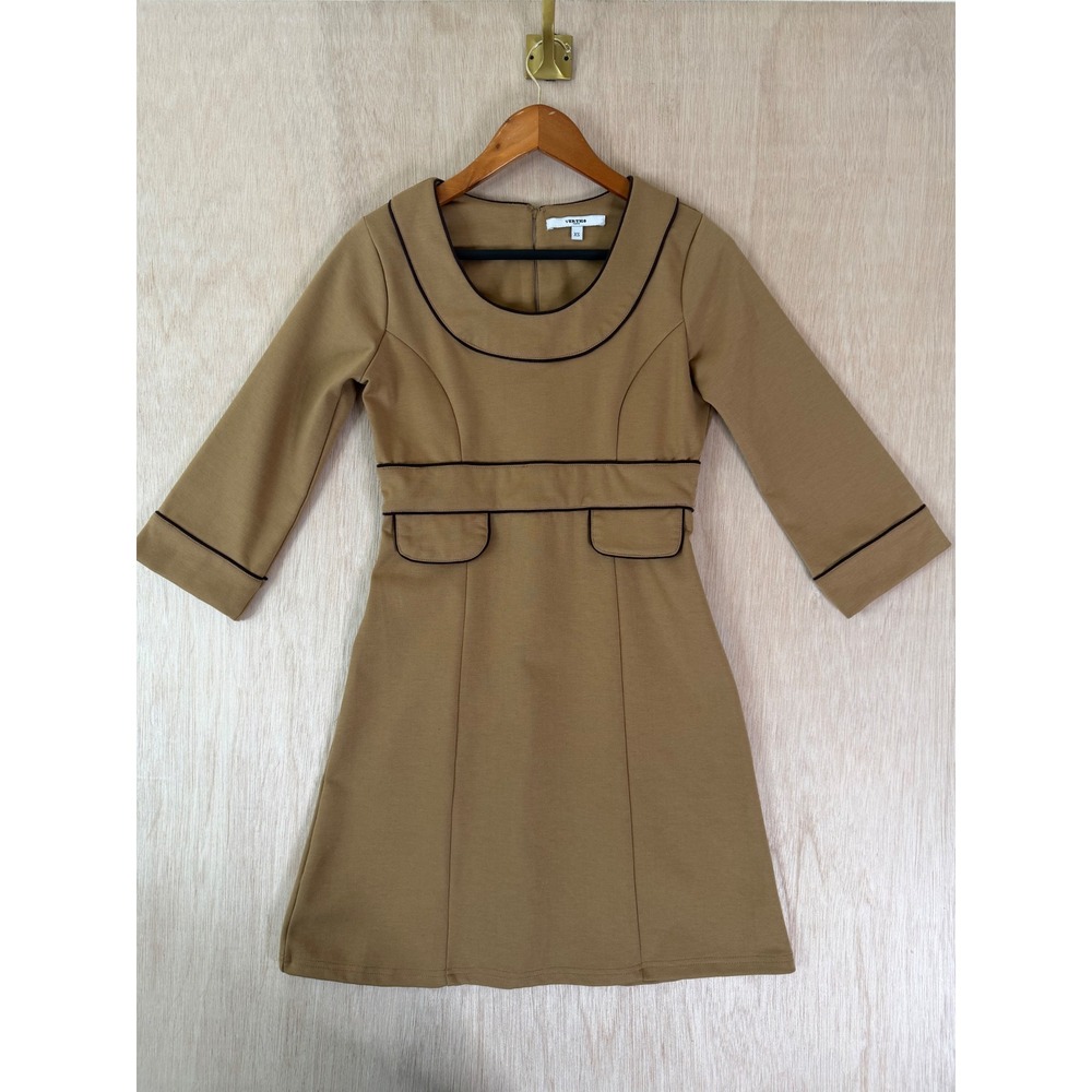 Vertigo Paris Womens Camel Tan Black Piping Scoop Neck Sheath Dress XS